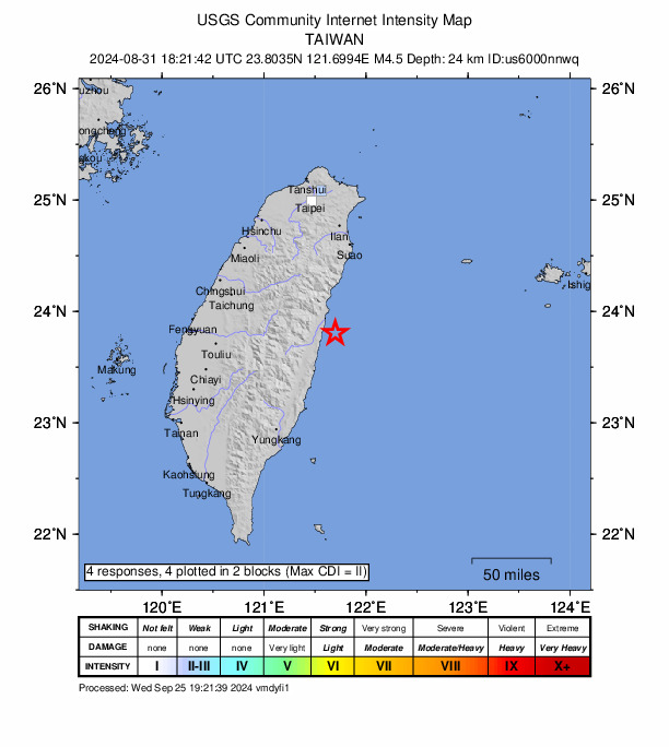 USGS DYFI community-reported intensity map for the M4.5 earthquake near 21 km SSE of Hualien City, Taiwan