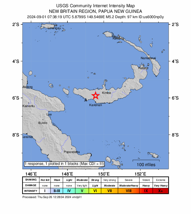 USGS DYFI community-reported intensity map for the M5.2 earthquake near 36 km N of Kandrian, Papua New Guinea