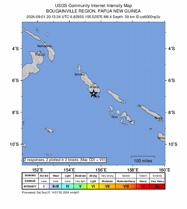 USGS DYFI community-reported intensity map for the M6.4 earthquake near 56 km S of Panguna, Papua New Guinea