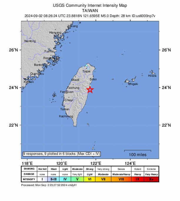 USGS DYFI community-reported intensity map for the M5.0 earthquake near 14 km SSE of Hualien City, Taiwan