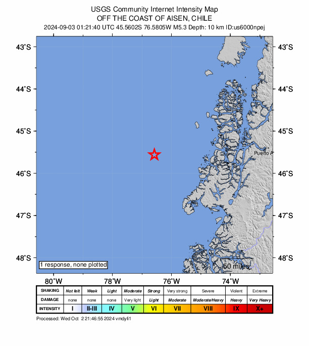 USGS DYFI community-reported intensity map for the M5.3 earthquake near Off the coast of Aisen, Chile