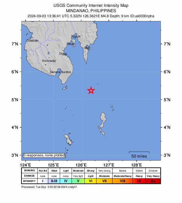 USGS DYFI community-reported intensity map for the M4.8 earthquake near 99 km E of Sarangani, Philippines