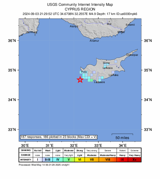 USGS DYFI community-reported intensity map for the M4.9 earthquake near 19 km SW of Paphos, Cyprus