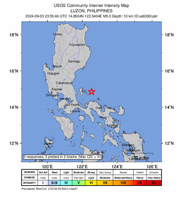 USGS DYFI community-reported intensity map for the M5.0 earthquake near 23 km NE of Casuguran, Philippines