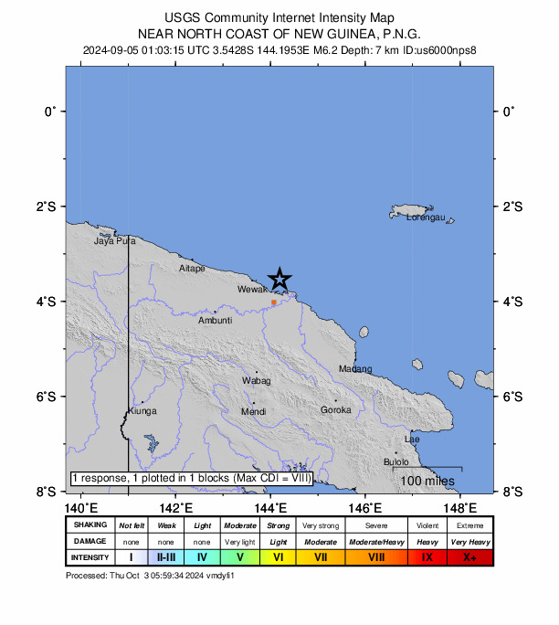 USGS DYFI community-reported intensity map for the M6.2 earthquake near 59 km NNE of Angoram, Papua New Guinea
