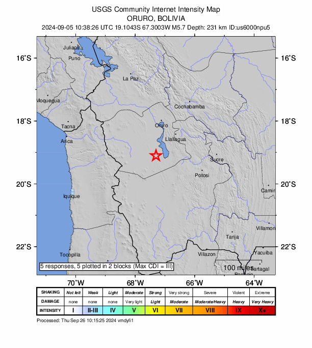 USGS DYFI community-reported intensity map for the M5.7 earthquake near 61 km WSW of Challapata, Bolivia