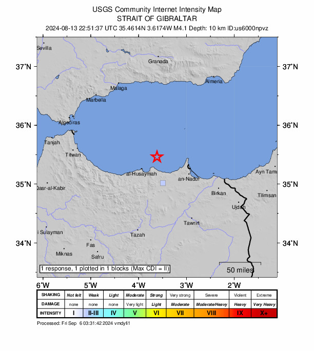 USGS DYFI community-reported intensity map for the M4.1 earthquake near 37 km NE of Al Hoceïma, Morocco