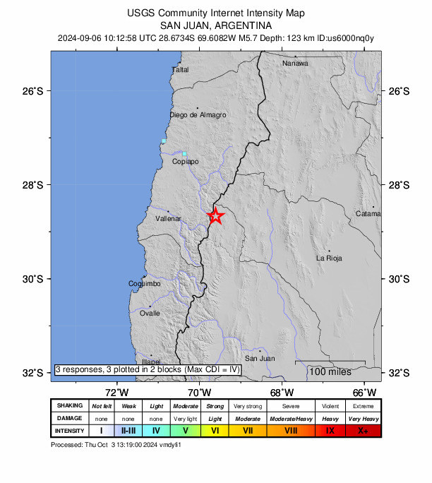 USGS DYFI community-reported intensity map for the M5.7 earthquake near 113 km E of Vallenar, Chile