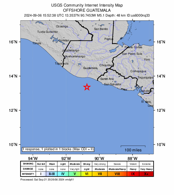 USGS DYFI community-reported intensity map for the M5.1 earthquake near 64 km S of Puerto San José, Guatemala