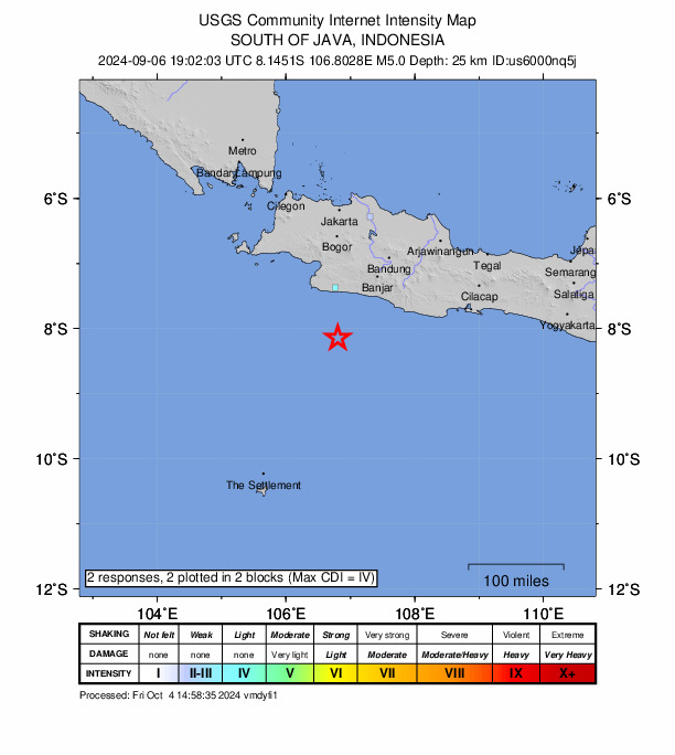 USGS DYFI community-reported intensity map for the M5.0 earthquake near 126 km SSW of Banjar, Indonesia