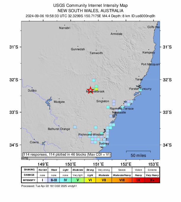 USGS DYFI community-reported intensity map for the M4.4 earthquake near New South Wales, Australia