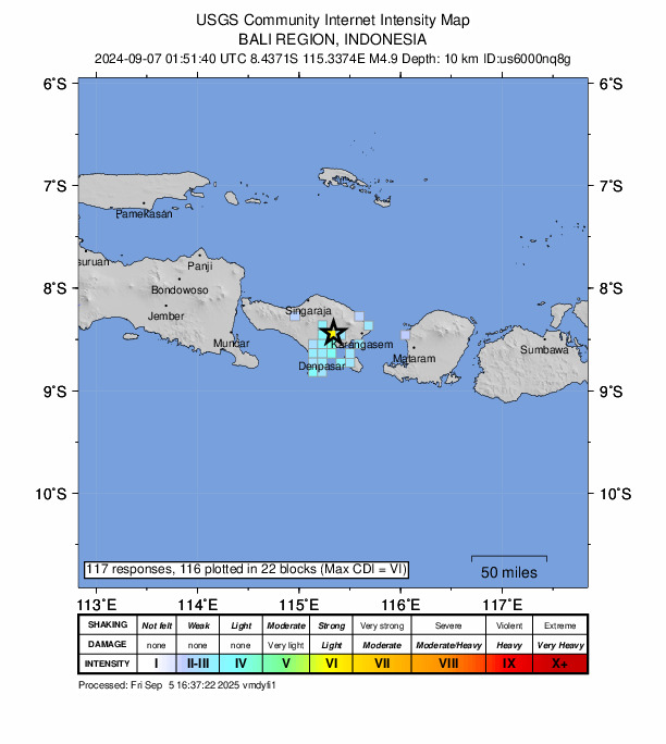 USGS DYFI community-reported intensity map for the M4.9 earthquake near 11 km NE of Ubud, Indonesia