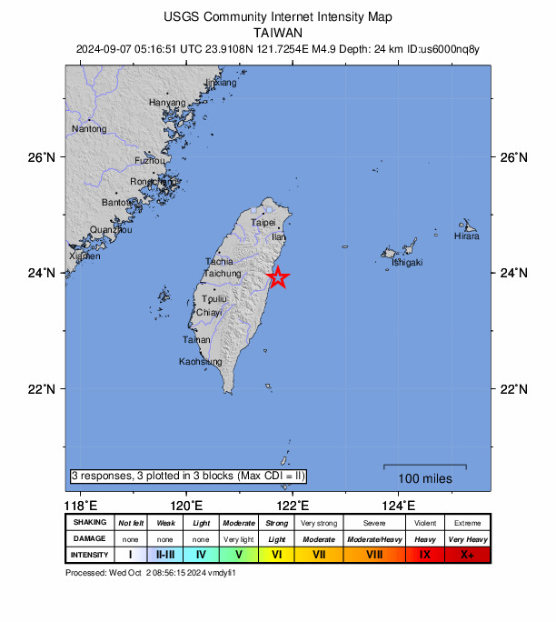 USGS DYFI community-reported intensity map for the M4.9 earthquake near 14 km ESE of Hualien City, Taiwan