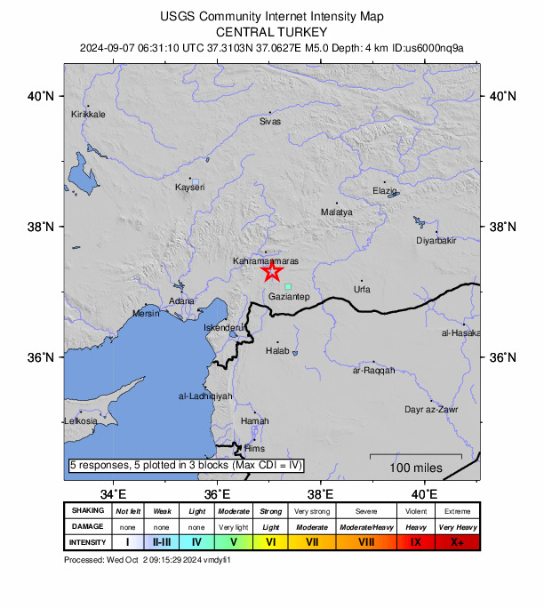 USGS DYFI community-reported intensity map for the M5.0 earthquake near 28 km SW of Pazarcık, Turkey
