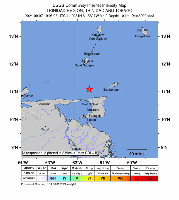 USGS DYFI community-reported intensity map for the M4.0 earthquake near 43 km N of Petit Valley, Trinidad and Tobago
