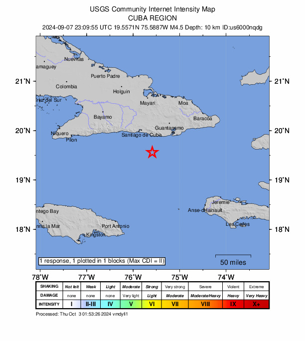 USGS DYFI community-reported intensity map for the M4.5 earthquake near 57 km SSE of Santiago de Cuba, Cuba