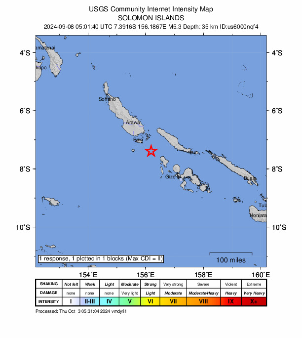 USGS DYFI community-reported intensity map for the M5.3 earthquake near 106 km NW of Gizo, Solomon Islands