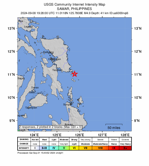 USGS DYFI community-reported intensity map for the M4.9 earthquake near 6 km ESE of Guiuan, Philippines