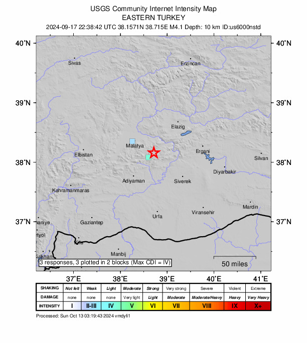 USGS DYFI community-reported intensity map for the M4.1 earthquake near 9 km NE of Sincik, Turkey