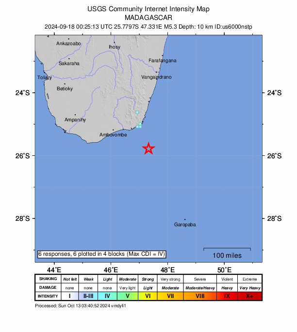 USGS DYFI community-reported intensity map for the M5.3 earthquake near 90 km SSE of Tôlanaro, Madagascar