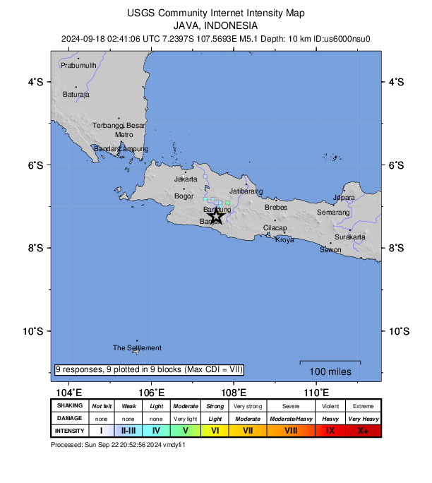 USGS DYFI community-reported intensity map for the M5.0 earthquake near 15 km ESE of Banjar, Indonesia