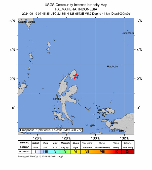 USGS DYFI community-reported intensity map for the M5.2 earthquake near 91 km NE of Tobelo, Indonesia