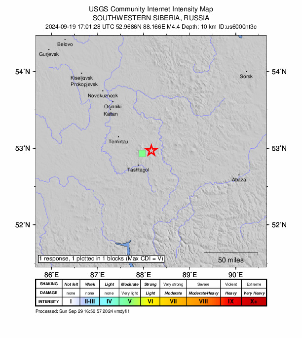 USGS DYFI community-reported intensity map for the M4.4 earthquake near 13 km ENE of Sheregesh, Russia