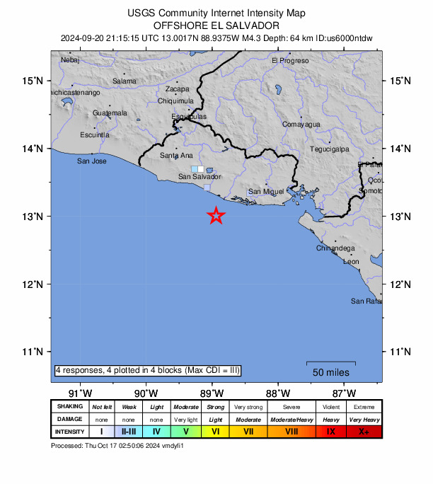 USGS DYFI community-reported intensity map for the M4.3 earthquake near 51 km SW of Jiquilisco, El Salvador