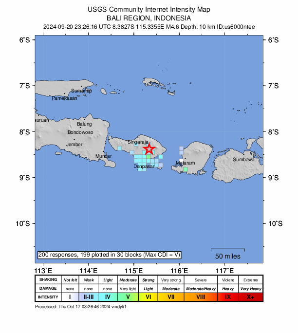 USGS DYFI community-reported intensity map for the M4.6 earthquake near 15 km NW of Banjar Wangsian, Indonesia