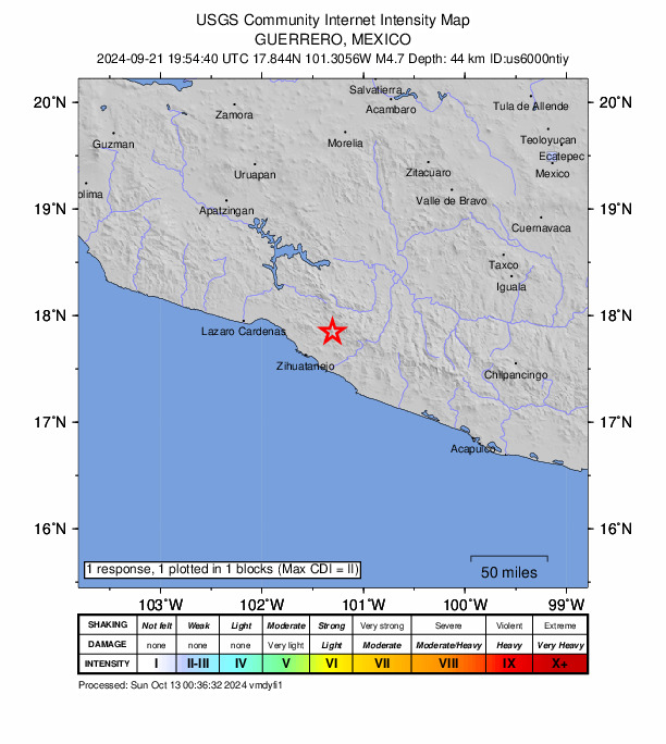 USGS DYFI community-reported intensity map for the M4.7 earthquake near 8 km SSE of Vallecitos de Zaragoza, Mexico