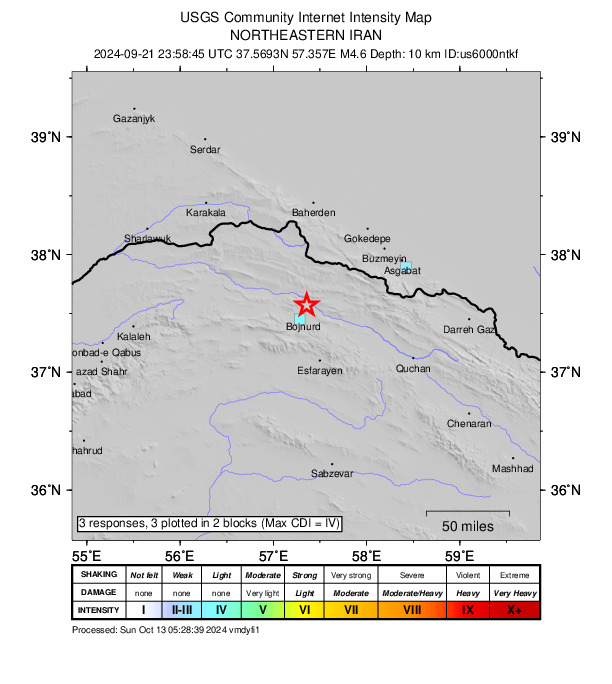 USGS DYFI community-reported intensity map for the M4.6 earthquake near 22 km N of Bojnūrd, Iran