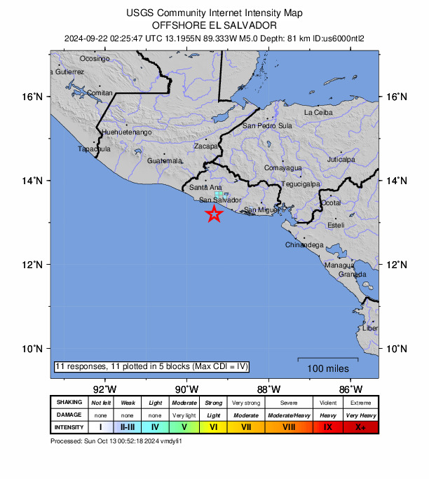 USGS DYFI community-reported intensity map for the M5.0 earthquake near 28 km SSW of La Libertad, El Salvador