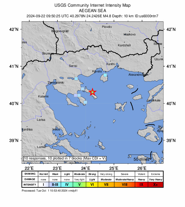 USGS DYFI community-reported intensity map for the M4.8 earthquake near 10 km NNE of Karyes, Greece