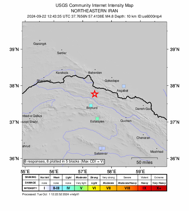 USGS DYFI community-reported intensity map for the M4.8 earthquake near 34 km N of Bojnūrd, Iran