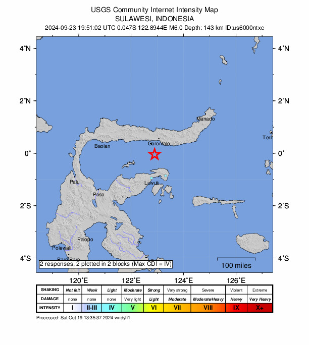 USGS DYFI community-reported intensity map for the M6.0 earthquake near 67 km SSW of Gorontalo, Indonesia