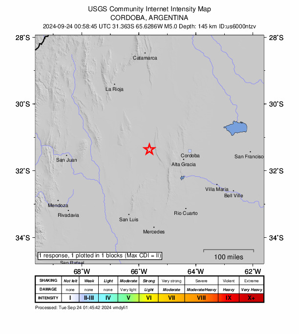 USGS DYFI community-reported intensity map for the M5.0 earthquake near 57 km W of Salsacate, Argentina