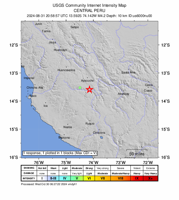 USGS DYFI community-reported intensity map for the M4.2 earthquake near 10 km E of Pomabamba, Peru