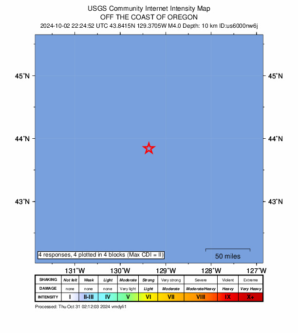 USGS DYFI community-reported intensity map for the M4.0 earthquake near off the coast of Oregon