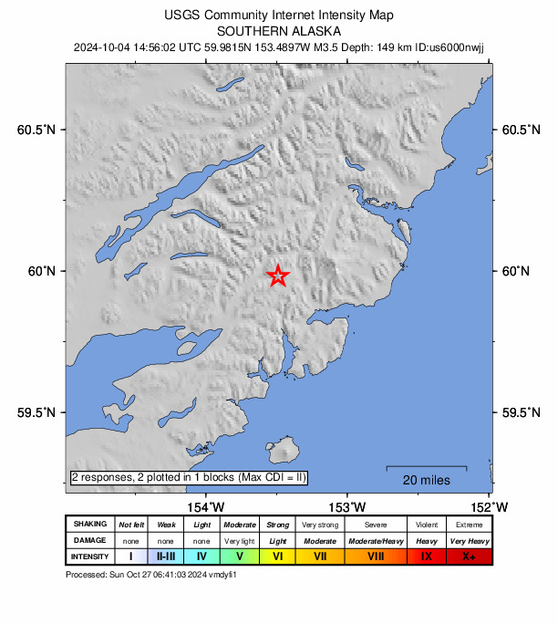 USGS DYFI community-reported intensity map for the M3.2 earthquake near 41 km ENE of Pedro Bay, Alaska
