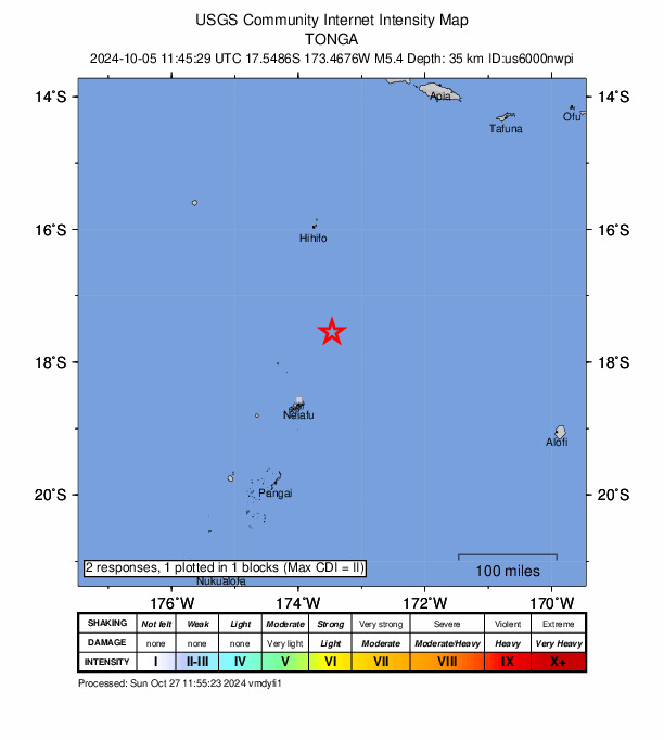 USGS DYFI community-reported intensity map for the M5.2 earthquake near 136 km NNE of Neiafu, Tonga