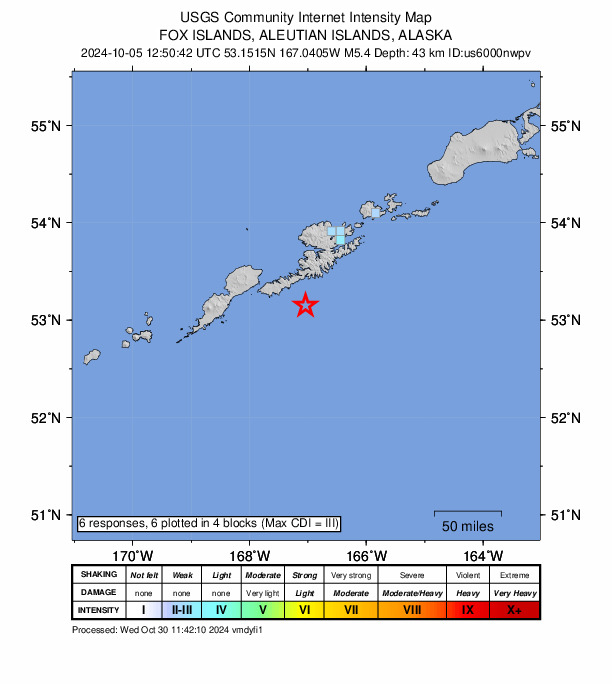 USGS DYFI community-reported intensity map for the M5.4 earthquake near 85 km SSW of Unalaska, Alaska
