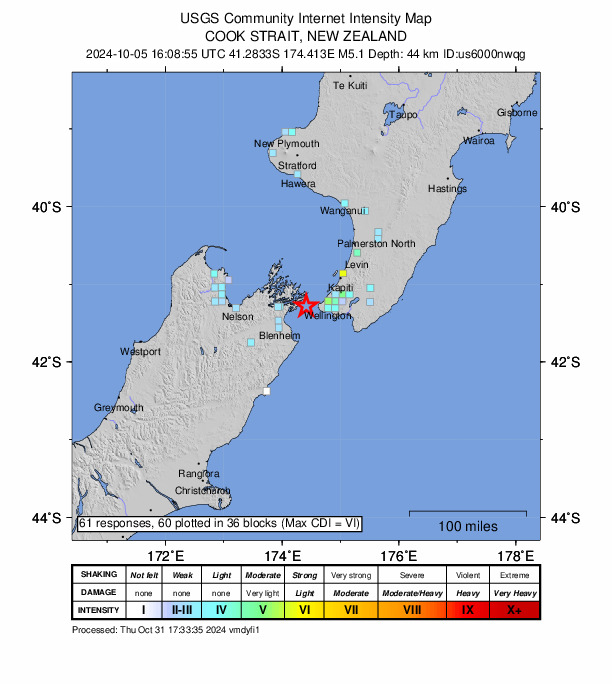 USGS DYFI community-reported intensity map for the M5.1 earthquake near 27 km W of Karori, New Zealand