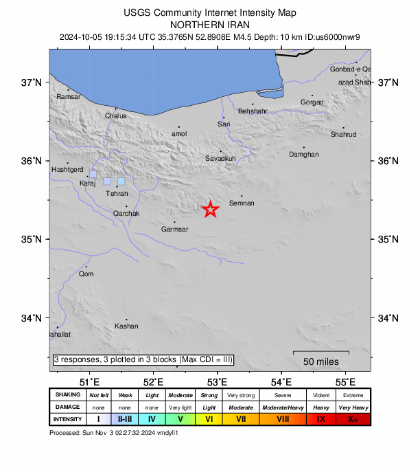 USGS DYFI community-reported intensity map for the M4.5 earthquake near 50 km WSW of Semnan, Iran
