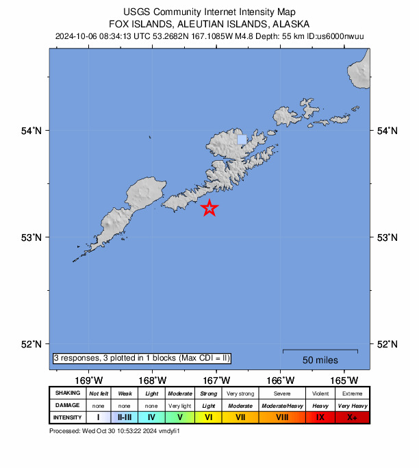 USGS DYFI community-reported intensity map for the M4.8 earthquake near 77 km SSW of Unalaska, Alaska