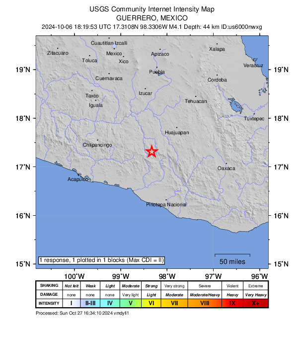 USGS DYFI community-reported intensity map for the M4.1 earthquake near 3 km ESE of Tlahuapa, Mexico