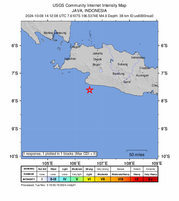 USGS DYFI community-reported intensity map for the M4.9 earthquake near 68 km S of Pelabuhanratu, Indonesia