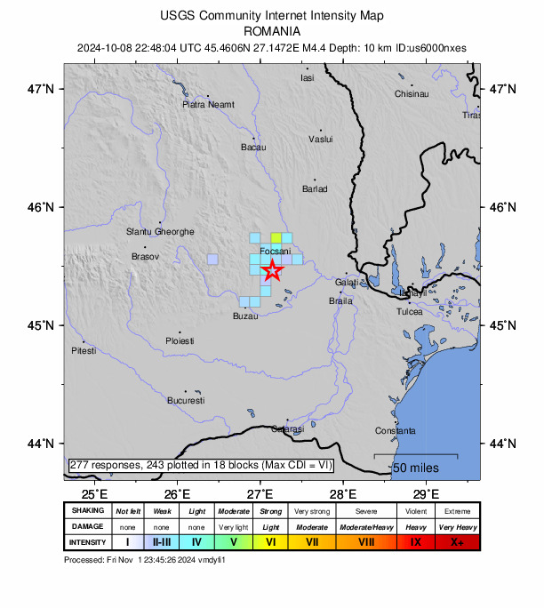 USGS DYFI community-reported intensity map for the M4.4 earthquake near 1 km N of Voetin, Romania