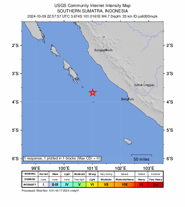 USGS DYFI community-reported intensity map for the M4.7 earthquake near 139 km W of Bengkulu, Indonesia