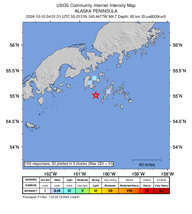 USGS DYFI community-reported intensity map for the M4.7 earthquake near 36 km S of Sand Point, Alaska