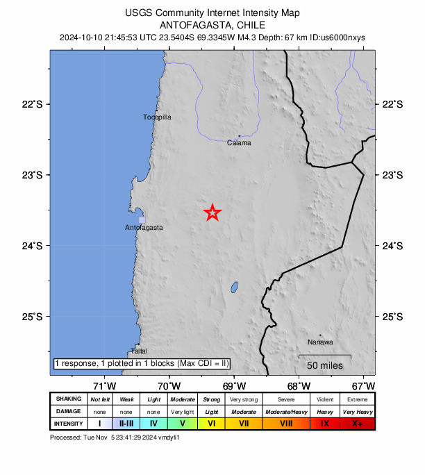 USGS DYFI community-reported intensity map for the M4.3 earthquake near 108 km E of Antofagasta, Chile